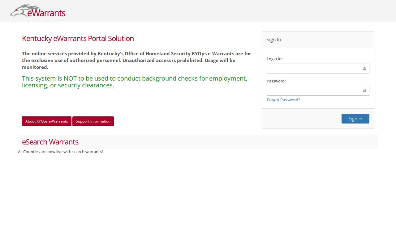 Kentucky eWarrants authorized-user login for McCreary County warrant checks