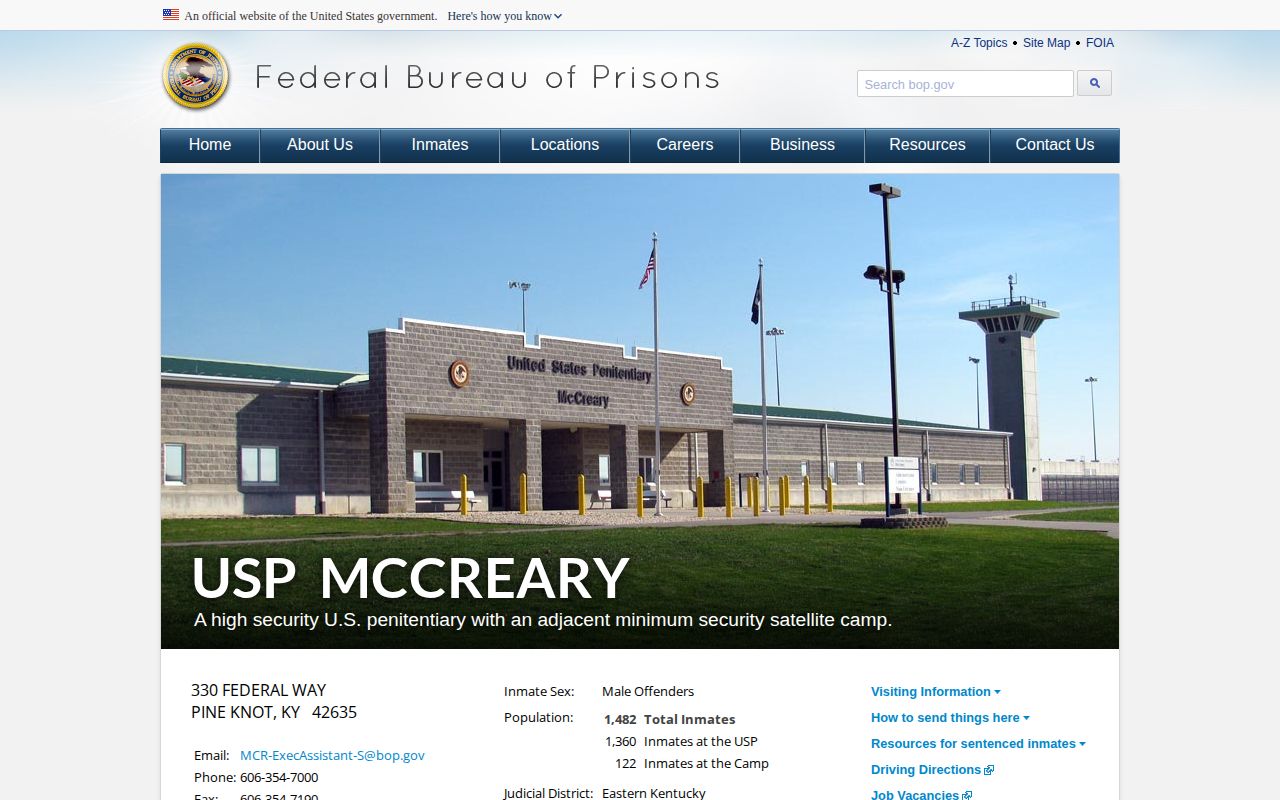 Pine Knot USP McCreary federal custody information